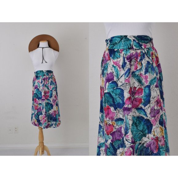 Vintage 80s Rayon Floral High Waist Skirt size 8 | 24 waist‎ - Picture 1 of 9